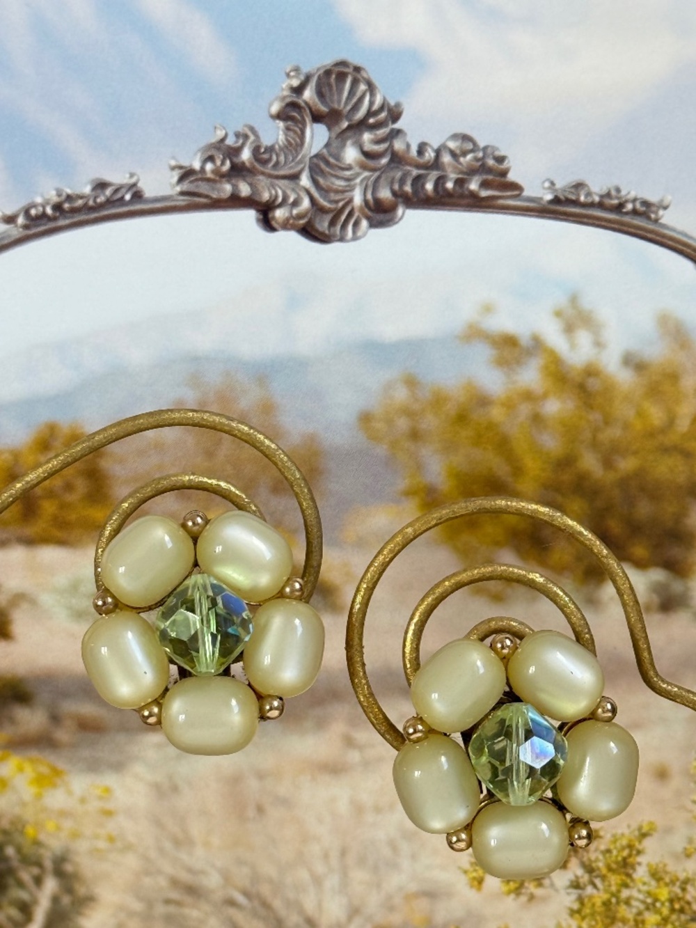 VINTAGE CORO Green Moonglow Floral Cluster AB Center Beaded Clip Earrings MCM